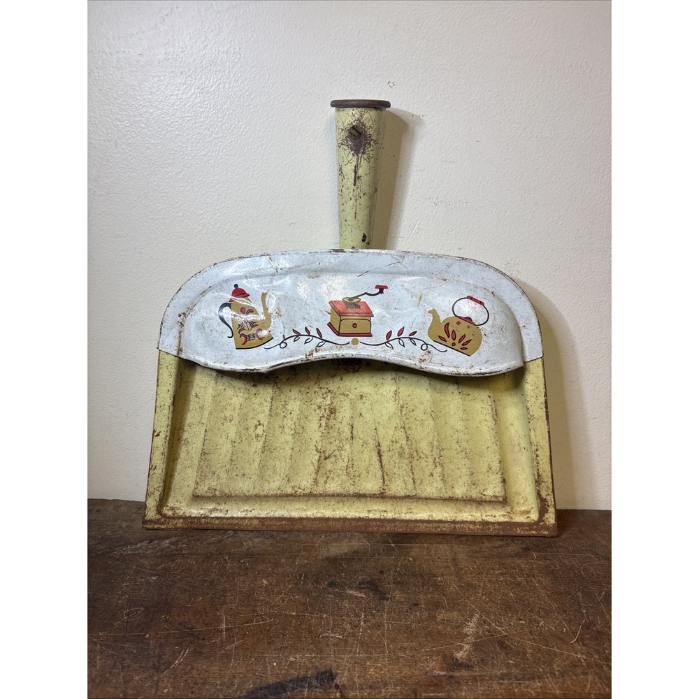 Vintage JV Reed Dutch Folk Art Metal Dustpan Yellow Tea Kettle Kitchen Decor